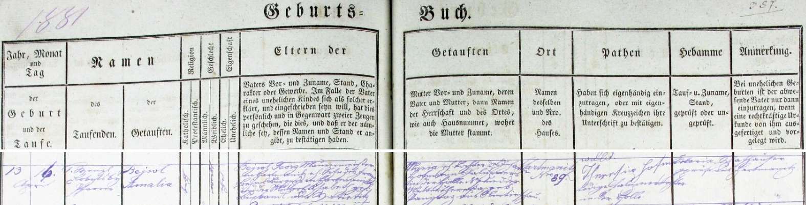 Záznam hartmanické křestní matriky o narození jeho ženy Amalie v Hartmanicích čp. 89, dcery zednickéjo mistra Josefa Bejwla (jeho otec Franz Bejwl byl zdejším měšťanem, matka Elisabeth byla roz. Buxhandlová z Vatětic /zde německy Watietitz/) a Marie, dcery Johanna Hofmanna, chalupníka v Pekle (zde psáno chybně "Hälle" namísto "Hölle", u kmotry Hofmannové psáno "Holle"!) čp. 7 a Theresie, roz. Pangrazové z Hořejšího Těšova (Obertieschau)