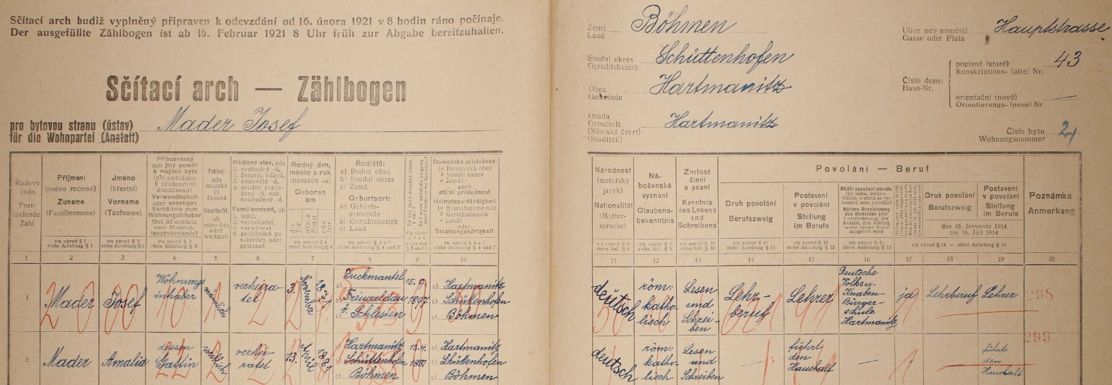 Arch sčítání lidu z roku 1921 pro dům čp. 43 na hartmanické Hlavní ulici (Hauptstraße), kde žil se svou ženou Amalií, místní rodačkou