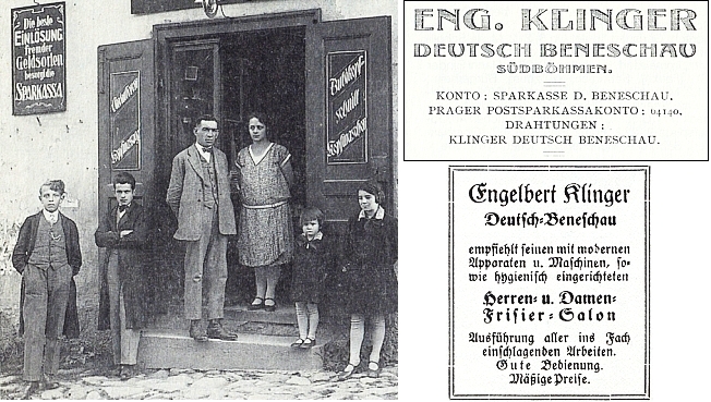 Její tatínek Engelbert Klinger a jeho žena Mitzl, roz. Hoffelnerová, v roce 1930 před otcovou holičskou oficínou v Německém Benešově, vlevo učňové Berti a Peppi Postlovi, vpravo dcery manželů Klingerových Wally a Mizzi