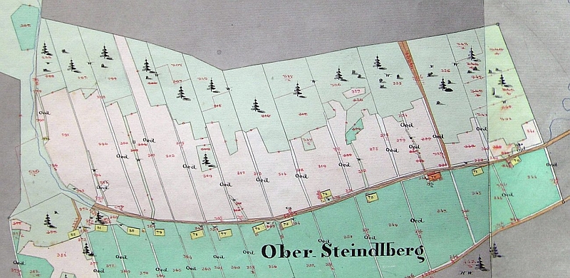 Někdejší Horní Ždánidla na mapě stabilního katastru (1837, revidováno kolem roku 1880)