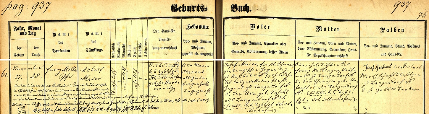 Záznam křestní matriky farní obce Prášily o jeho narození dne 27. listopadu roku 1887 v Nové Studnici čp. 7 tamnímu knížecímu schwarzenberskému hajnému Josefu Maierovi (synu Kaspara Maiera, knížecího schwarzenberského hajného v Dlouhé Vsi, a Anny, toz. Tuschlové z Dlouhé Vsi čp. 26) a jeho ženě Anně, dceři, obchodníka v Dlouhé Vsi Franze Kolbingera a Theresie, roz. Hasenöhrlové rovněž z Dlouhé Vsi - pozdější přípis zmiňuje, že na základě výnosu c.k. místodržitelství v Praze z ledna roku 1913 je správným způsobem psaní příjmení novorozencova otce a také děda nikoli Maier, nýbrž Mayer, novorozencova matka není pak manželskou, nýbrž legitimizovanou dcerou zde zmíněného Franze Kolbingera, další z přípisů uvádí datum Rudolfovy svatby s Annou Theresií Huberovou ve vídeňském kostele sv. Jana Evangelisty dne 23. listopadu roku 1916 a posléze se dovídáme i datum 29. září 1939, kdy se podle zprávy vídeňského farního úřadu Sankt Ulrich zřekl víry (a fide deficit)