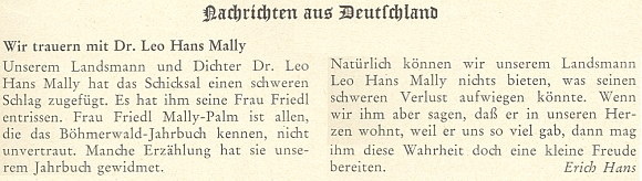 Tady vyjadřuje Erich Hans na stránkách krajanského měsíčníku soustrast jejímu manželovi poté, co 5. března 1971 zemřela