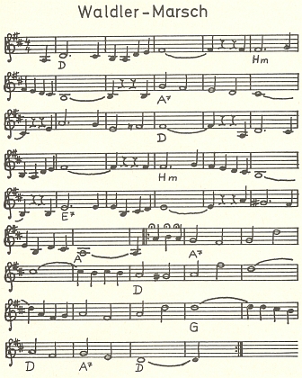 Notový záznam Kutschenreuterova nápěvu nepsané "hymny Bavorského lesa"