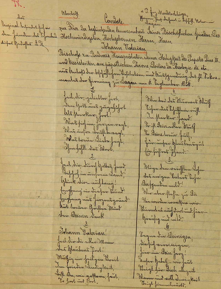 "Laudate", tj. chvalozpěv, věnovaný Mardetschlägerem biskupu Janu Valeriánu Jirsíkovi u příležitosti jeho vizitace ve Slavkově dne 6. září 1856, zachoval se v opise Leonharda Thüra na stránkách tamní školní kroniky s poznámkou, že originál se nachází v rukou autorových