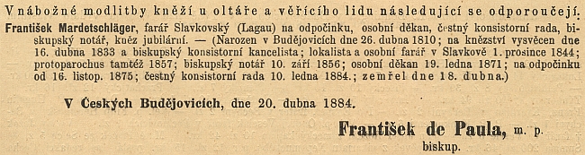 Zpráva o jeho úmrtí v ordinariátním listu budějovické diecéze