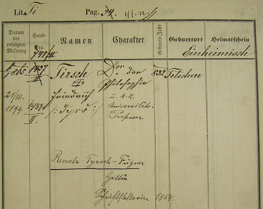 O rodilém němectví zakladatele Sokola Miroslava Tyrše svědčí tyto dvě pobytové přihlášky pražského policejního ředitelství z roku 1852 a 1865 na jméno Friedrich Tirsch, tj. syn MUDr. Vinzenze Tirsche z Děčína (Tetschen)