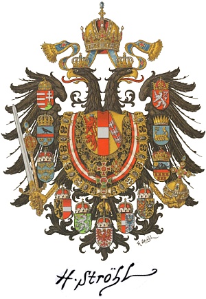 Znak rakouského císařství z roku 1867, kdy Margelik odchází do výslužby a kdy dochází k tzv. rakousko-uherskému vyrovnání - na této heraldické kresbě Karla Hugona Ströhla (1851-1919) je svatováclavská koruna a český lev ještě v téže rovině jako koruna svatoštěpánská a uherský dvojkříž