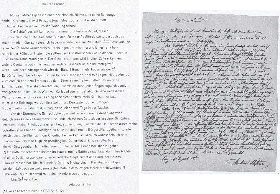 Stifterův dopis nakladateli Heckenastovi z dubna 1867 o práci na závěru románu Witiko