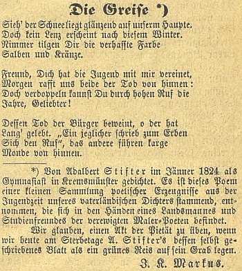 S jeho komentářem otištěná báseň mladého Adalberta Stiftera v českobudějovickém německém listě