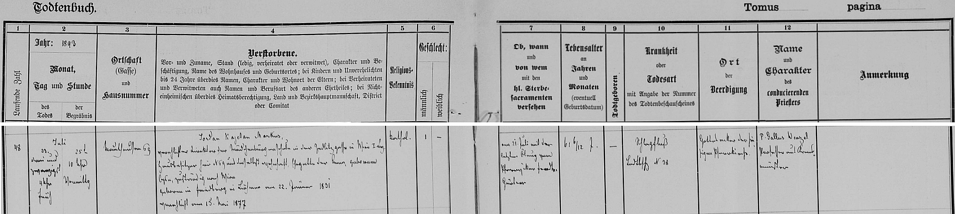 Záznam o jeho úmrtí v knize zemřelých hornorakouské farní obce Mauthausen