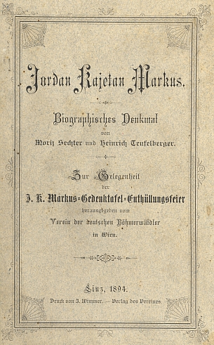 Obálka (1894) knihy o něm, vydané k odhalení pamětní desky na rodném domě