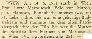 Zpráva o úmrtí jeho matky na stránkách krajanského měsíčníku v roce 1951