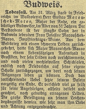 Nekrolog jeho strýce Gustava, rodáka z Českých Budějovic, na stránkách zdejšího německého listu