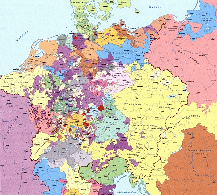 Mapa Svaté říše římské za třicetileté války dokládá její vnitřní roztříštěnost