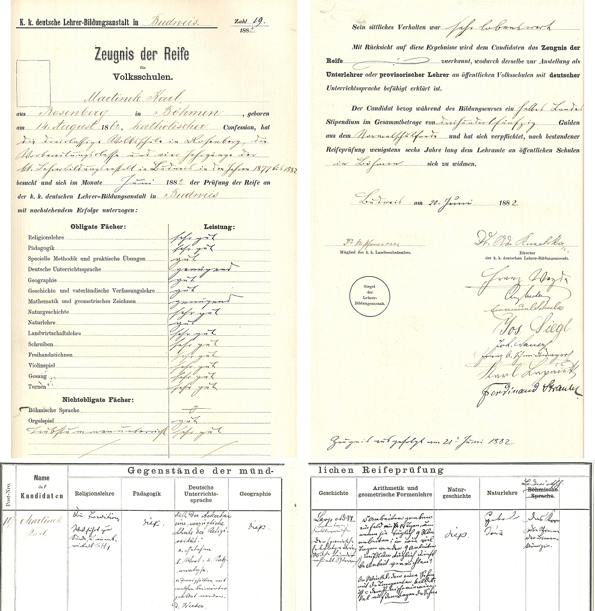 Záznamy o jeho maturitní zkoušce na českobudějovickém německém učitelském ústavu v roce 1882