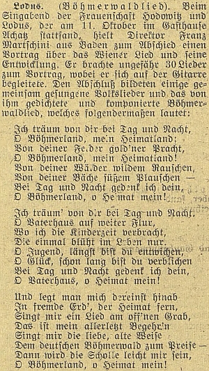 O jeho přednášce v Mladém s textem vlastní Martschiniho písně o Šumavě na stránkách českobudějovického německého listu