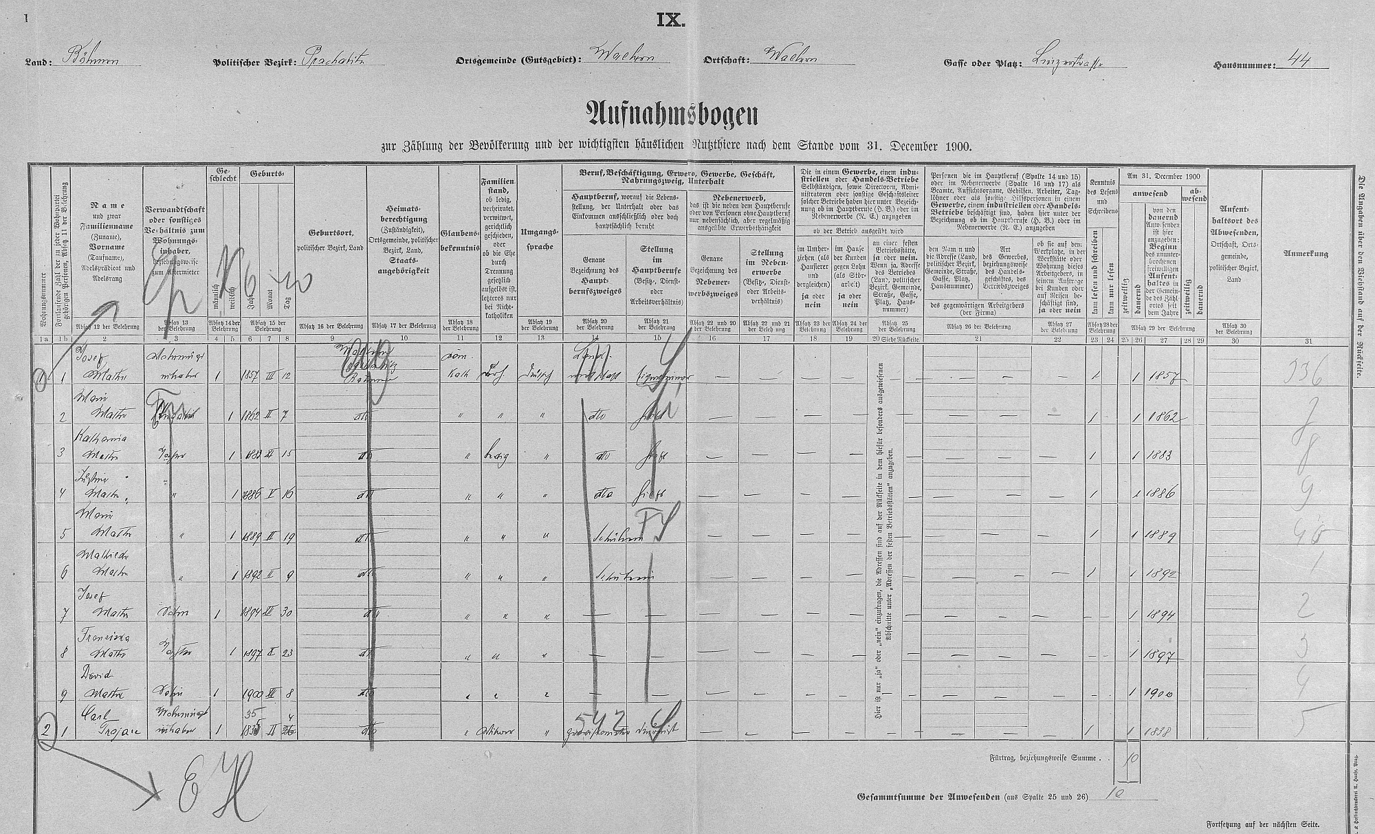 Arch sčítání lidu z roku 1900 pro dům čp. 44 ve Volarech i s ním