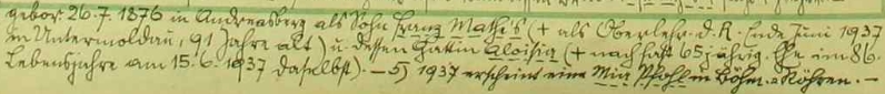 Odstavec z vimperské městské kroniky s daty o smrti matky a otce roku 1937 v Dolní Vltavici