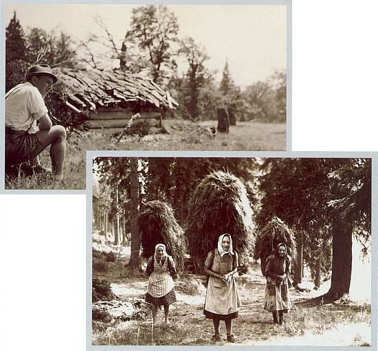 Před pastýřskou chýší na Rindlschachten severovýchodně od hory Falkenstein (sedí tu na šumavské horské louce zvané místně "die Schachte" on sám) a ženy z Hůrky (Hurkenthal) na záběrech z putování, které podnikl Matheis spolu se svou paní v pozdním létě válečného roku 1943 z Falkensteinu do Hůrky, tehdy v říšském záboru