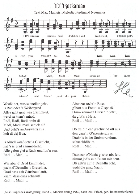 Píseň o přástkách - jeho text s melodií, kterou složil Ferdinand Neumaier
