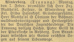 Zpráva o jeho sňatku dne 7. února roku 1938 ve Vimperku na stránkách českobudějovického německého listu