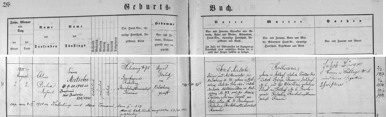 Záznam o jeho narození ve chvalšinské matrice s přípisem o svatbě, vystoupení z církve a úmrtí