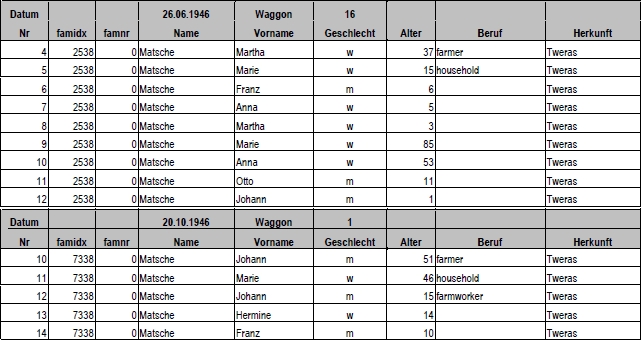 Záznamy rodiny Matsche v seznamu odsunutých z okresu Český Krumlov, v tom říjnovém transportu i s ním