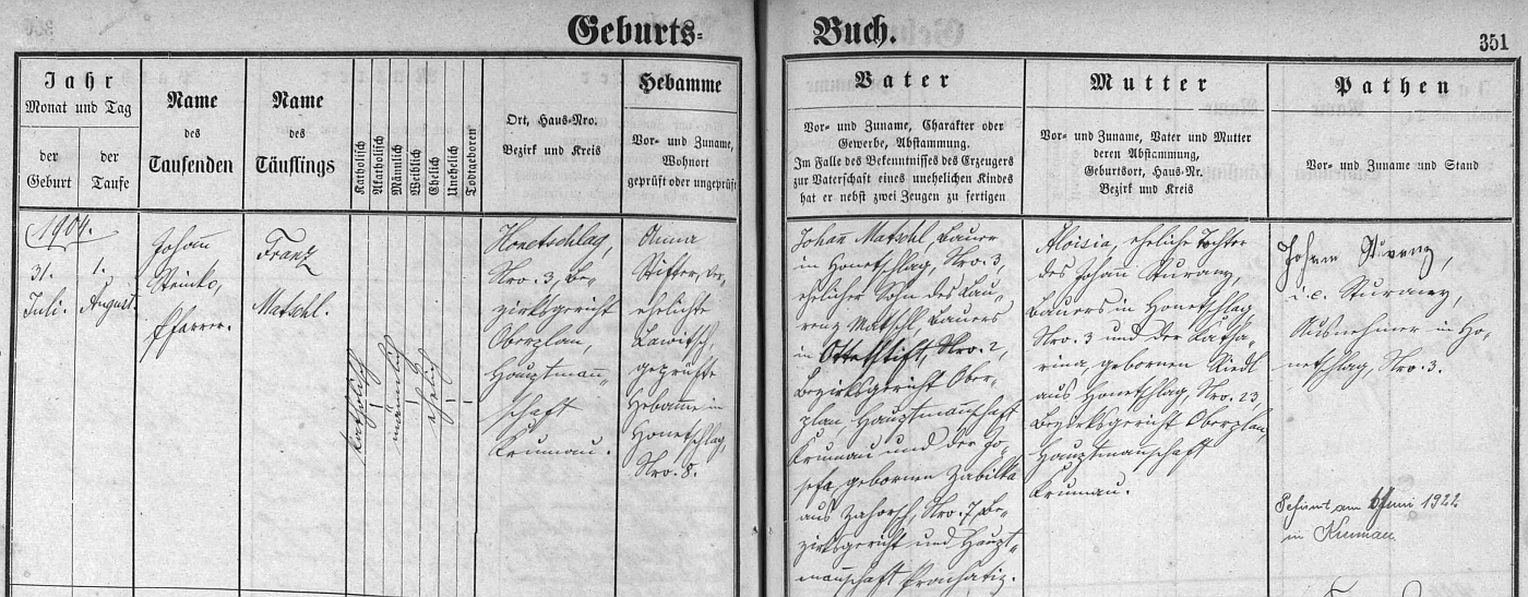 Záznam o jeho narození v hodňovské matrice