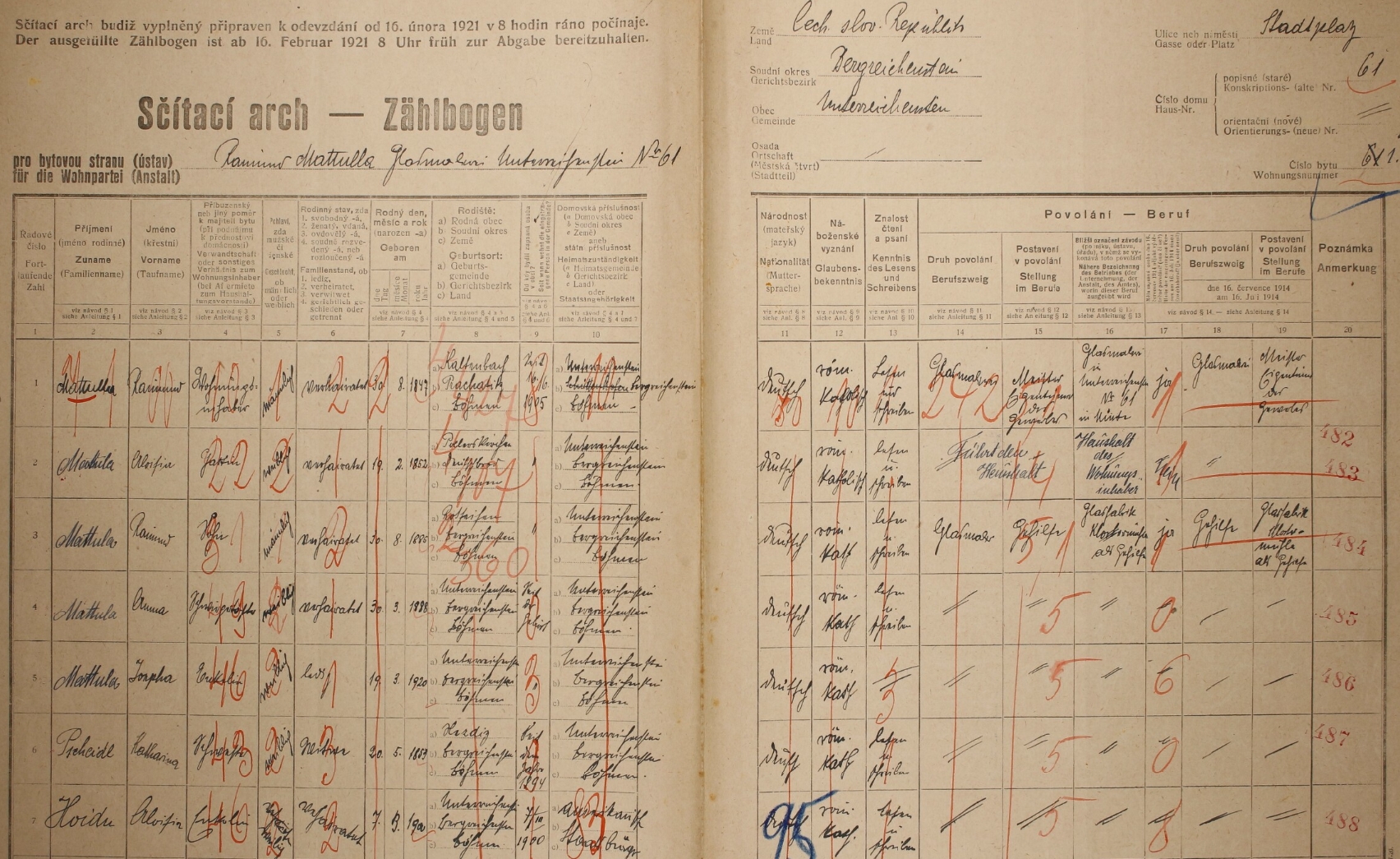 Arch sčítání lidu z roku 1921 pro stavení čp. 61 v Rejštejně
