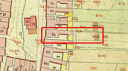 Objekt rodného domu zvýrazněný na mapě stabilního katastru z roku 1827