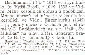 Heslo "Jiřího" Bachmanna v Tomanově Slovníku výtvarných umělců s pokusem o vročení jediného v Čechách zachovaného malířova díla