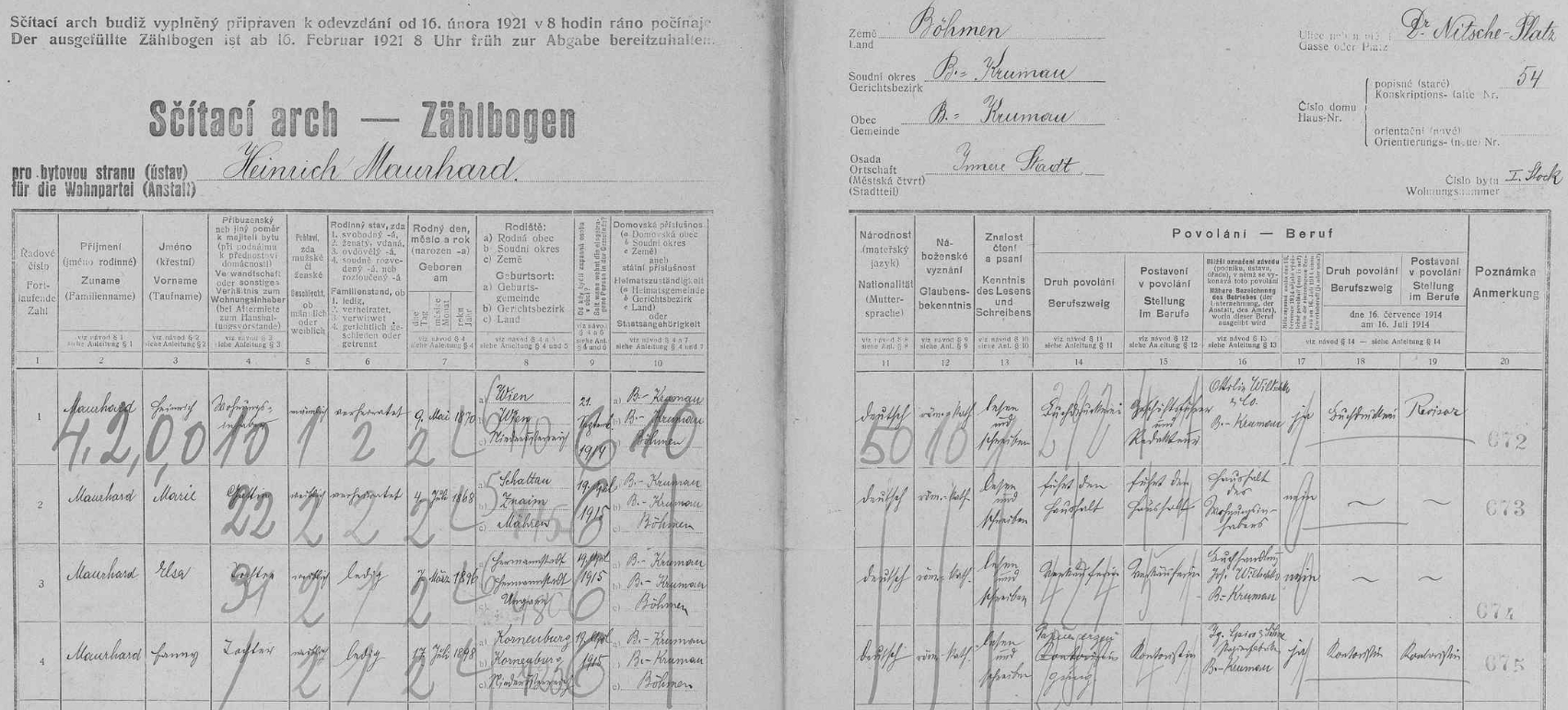 Arch sčítání lidu z roku 1921 pro dům čp. 54 na tehdejším náměstí Dr. Nitscheho (říká se tam Na Louži) s rodinou Maurhardových