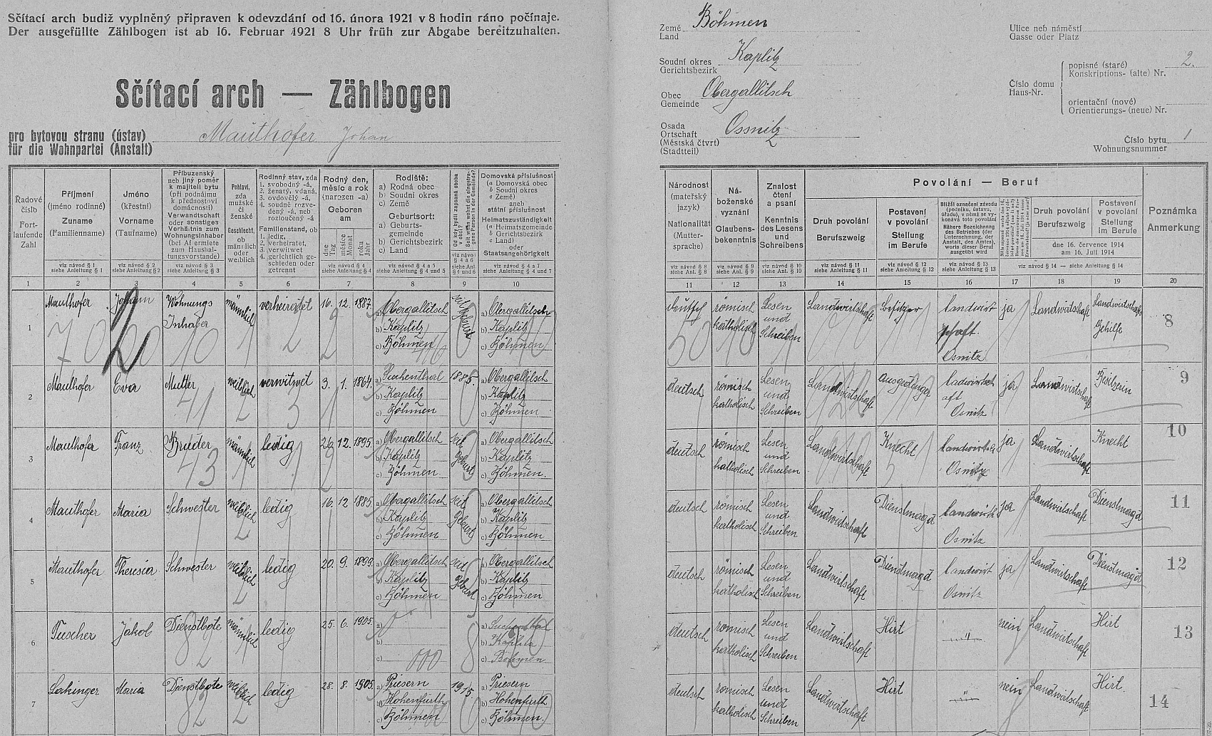 Arch sčítání lidu z roku 1921 pro stavení čp. 2 v Sosnici