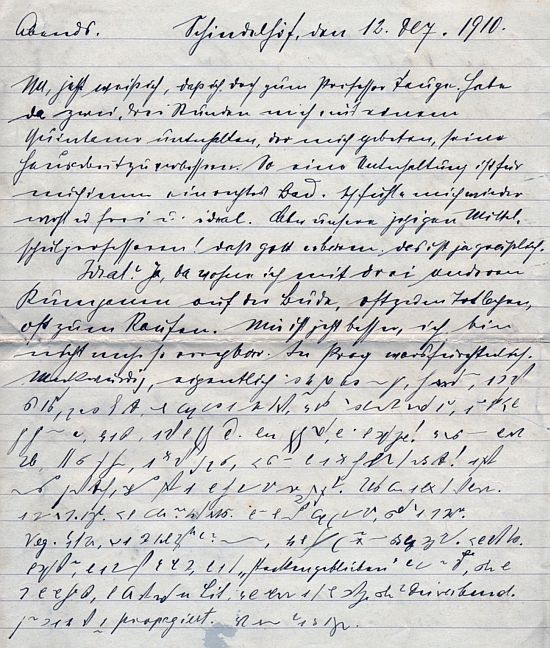 Stránka z jeho deníku, psaná 12. prosince 1910 v Šindlových Dvorech, je z poloviny psána těsnopisem z důvodů, které asi znal toliko on