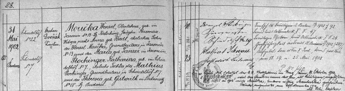 Záznam v českobudějovické knize oddaných o otcově druhé svatbě s Katharinou Stockingerovou v Českých Budějovicích 31. května 1902 - s přípisem z roku 1912, opravujícím chybné psaní Moučka na "správné" Mautschka