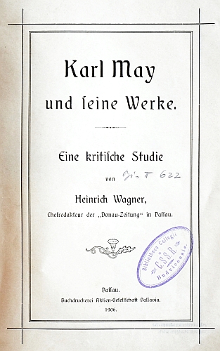 Titulní list kritického rozboru jeho díla (1906) z pera pasovského novináře Heinricha Wagnera s razítkem knihovny českobudějovických redemptoristů