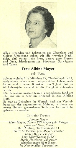 Úmrtní oznámení jeho ženy (1969) v krajanském měsíčníku Hoam!