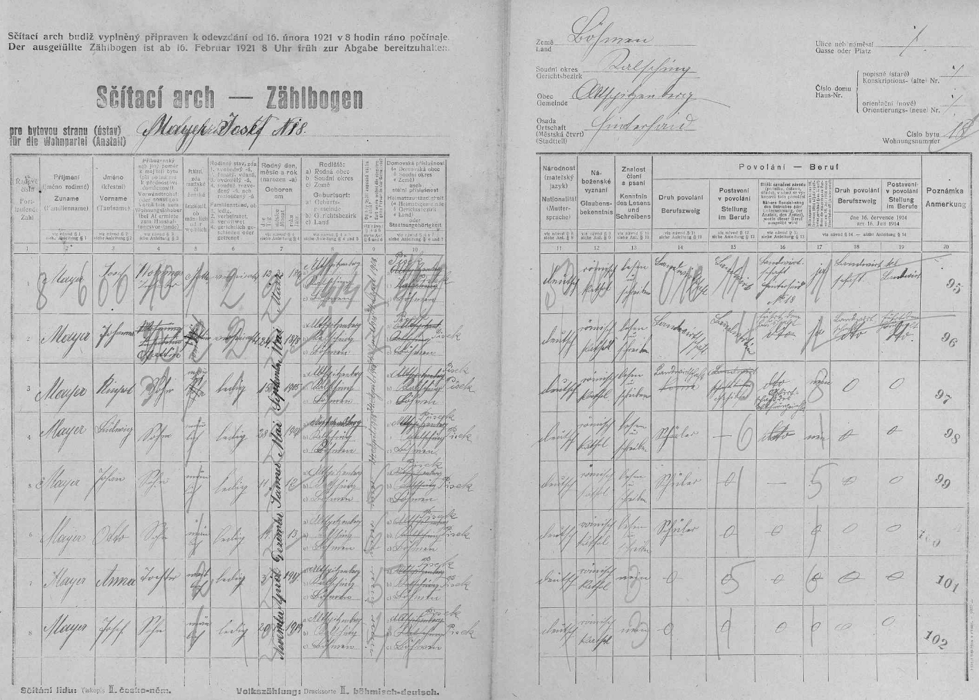 Arch sčítání lidu z roku 1921 pro stavení čp. 18 v Zadním Boru i s jeho jménem