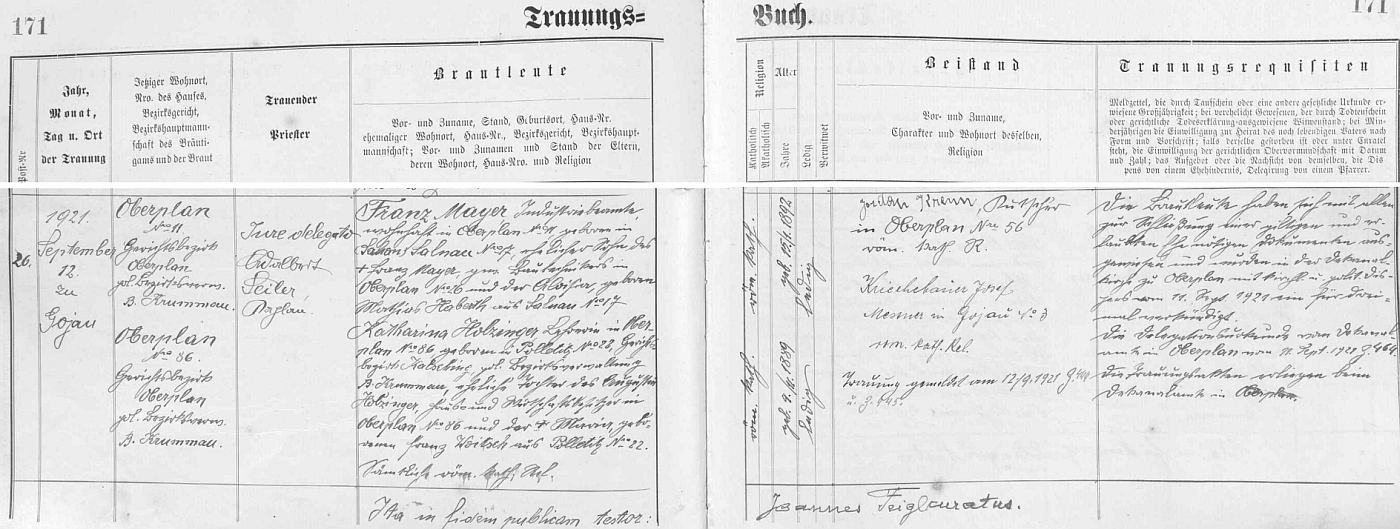 Záznam o jeho svatbě s Katharinou Holzingerovou 12. září 1921 v Kájově (viz i Edeltraud Mayerová)
