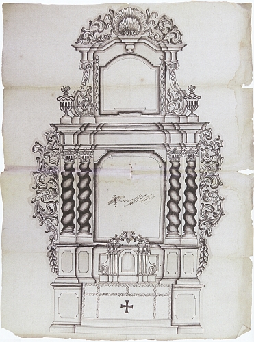 Přijatý návrh hlavního oltáře kostela v Želnavě, jak ho v září roku 1724 předložil českokrumlovský městský truhlář Josef Široký, bratr želnavského duchovního Matěje Antonína Širokého