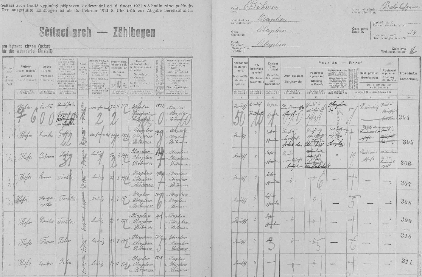 V roce 1921 bydlila podle tohoto sčítacího archu v domě čp. 34 rodina Antona a Emilie Hoferových s jejich šesti dětmi, ovšem kromě pěti dalších "partají" podle archu sběrného