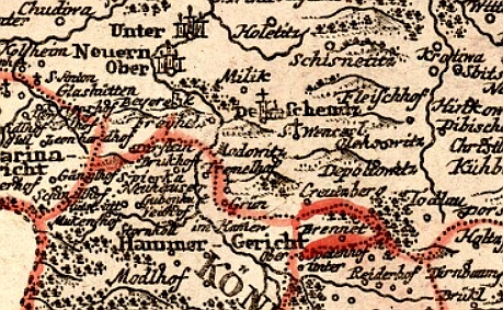 Kraj jižně od Nýrska a Hamerská rychta na výřezu mapy z 18. století (klikněte na náhled pro digitalizovanou mapu)