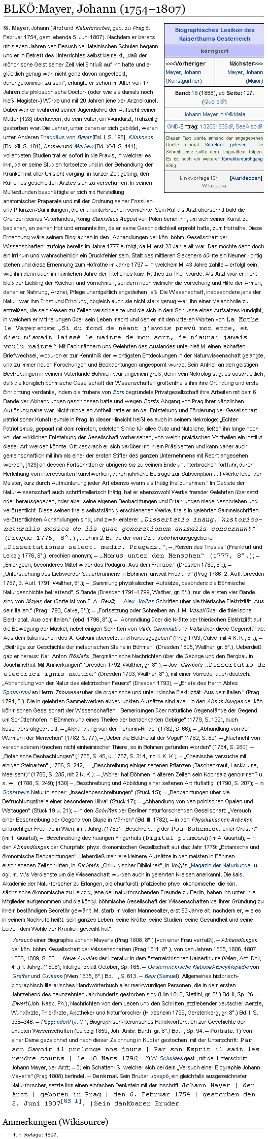 Jeho obsáhlé heslo v lexikonu osobností císařství rakouského