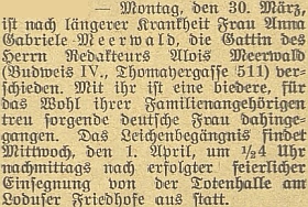 Zpráva o úmrtí jeho první manželky a jejím pohřbu v Mladém 1. dubna roku 1931 na stránkách českobudějovického německého listu