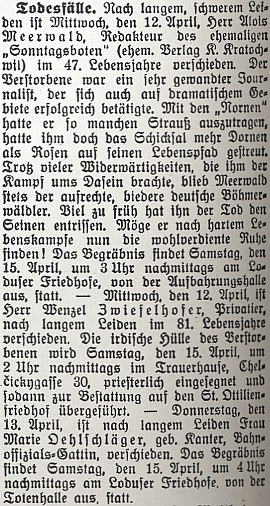 Zpráva o jeho úmrtí na stránkách českobudějovického německého listu