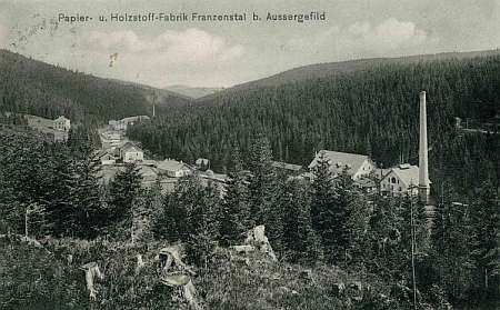 Papírna ve Františkově na pohlednici Josefa Seidela z roku 1910