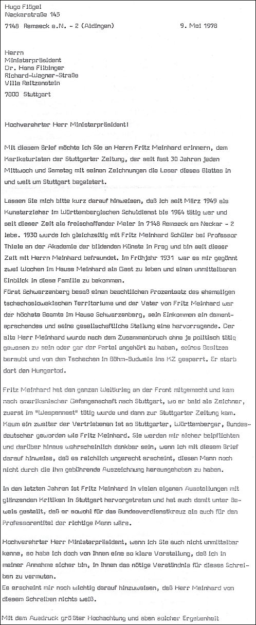 Dopis Hufo Flögela předsedovi vlády spolkové země Bádensko-Württembersko vypočítává zásluhy Meinhardovy a označuje jej za vhodného kandidáta na udělení spolkového kříže za zásluhy a titulu profesora