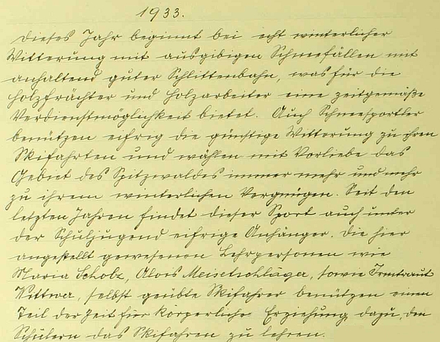 Záznam hodňovské obecní kroniky o sněhové nadílce počátkem roku 1933 a účasti Aloise Meisetschlägera na lyžařské výuce místních žáků