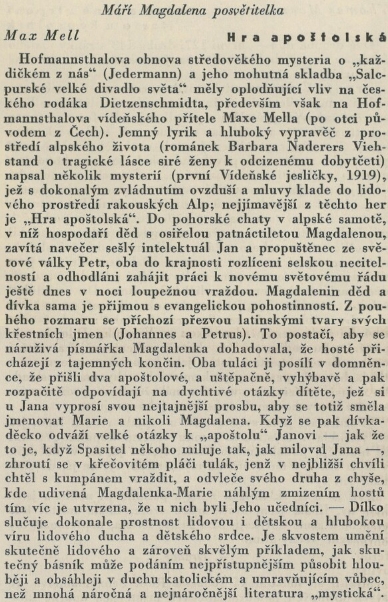 S připomínkou Hofmannsthala a Dietzenschmidta tu Pavel Eisner vysoce hodnotí Mellovu "Hru apoštolskou"