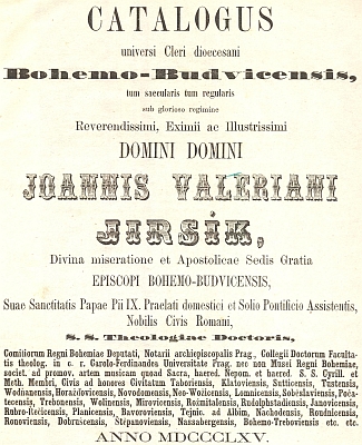 Záhlaví katalogu diecézního kléru pro rok 1865 a jeho záznam s daty narození a vysvěcení